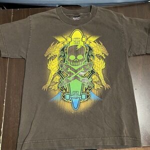 Vintage Y2K GWP Sport Boys‎ Size M (8) Graphic Skull Skateboard T-Shirt Brown